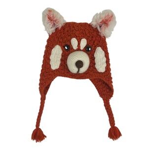 Andes Gifts Red Panda Knit Earflap Hat Alpaca Blend Orange Animal Beanie Peru